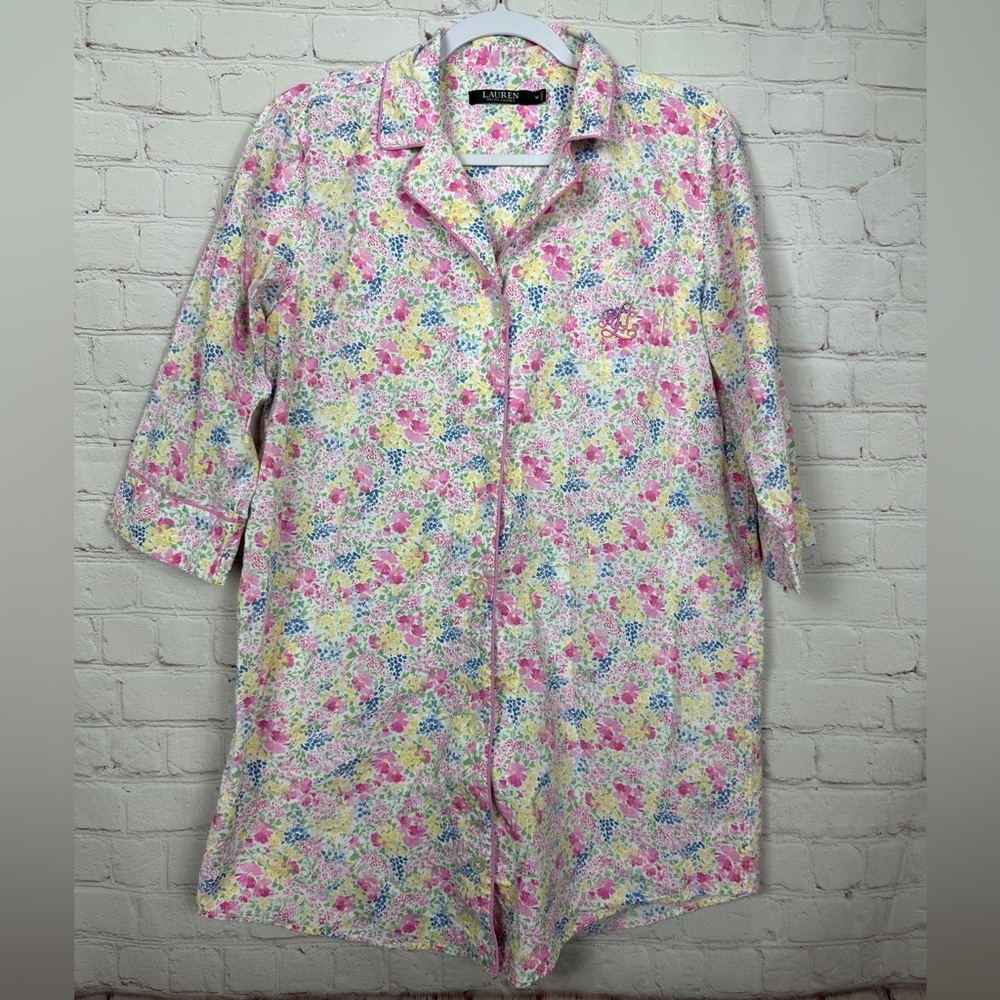 LRL Monogrammed Pink Floral Sleep Shirt Pajamas cotton lightweight Sz M GUC